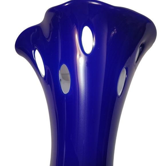 Cobalt Blue Milky White Inside Ruffled Top Cut Outs 12" Tall Vase - Picture 6 of 11